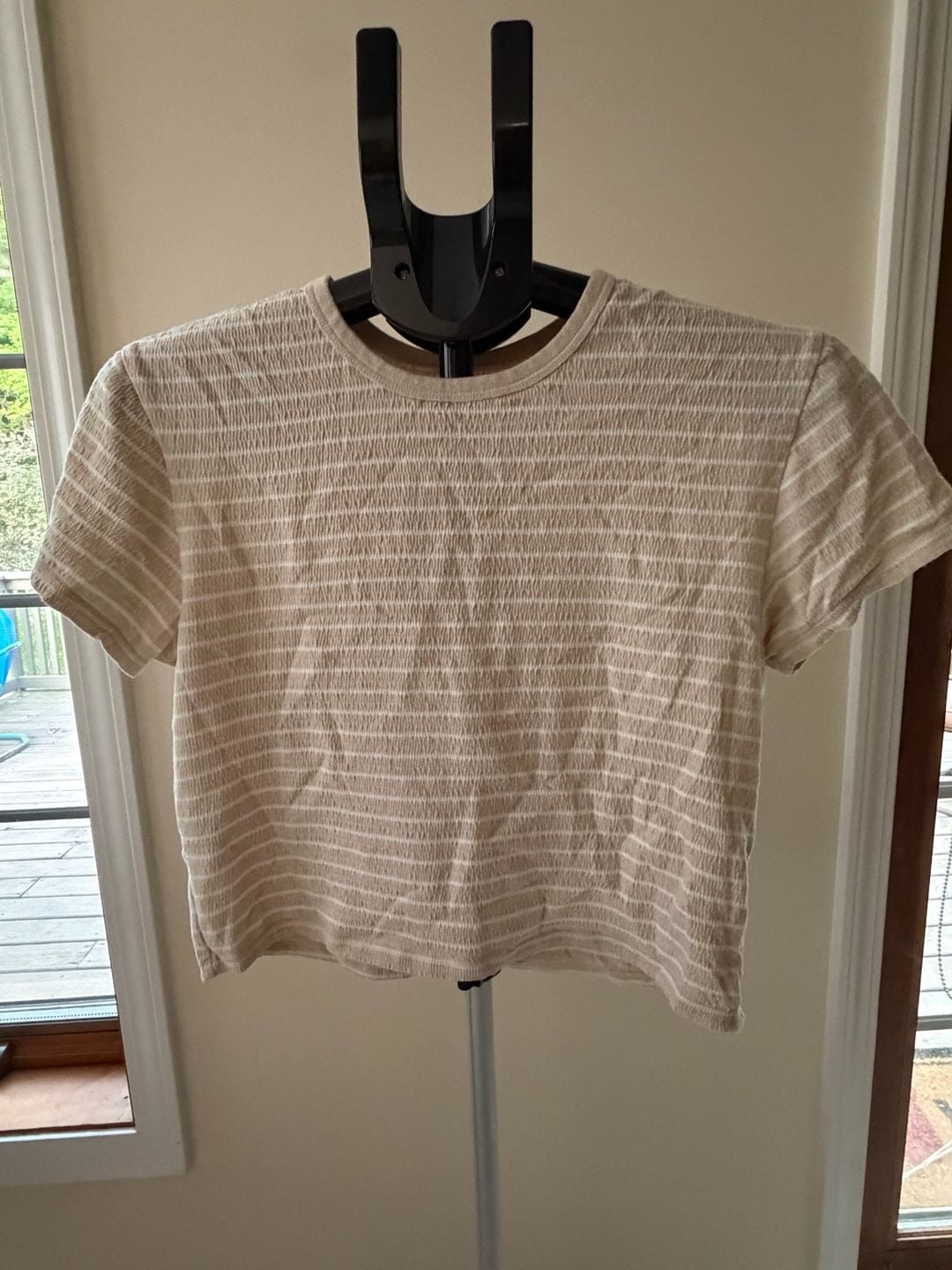 American Eagle Striped Smocked Crew Neck T-Shirt Size S